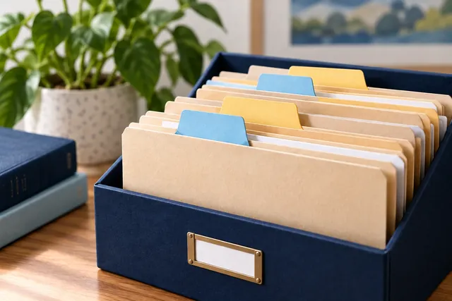 Grant files arranged in a desktop organizer