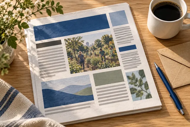 A community newsletter on a wood desk